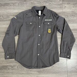 Guess Kids Gray Patched Casual Button Down Army Shirt Sturdy Fabric Sz XL Flawed